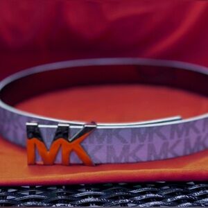 Michael Kors Signature Beige 1.25 Inch Logo Belt with Reversible MK Logo Plaque